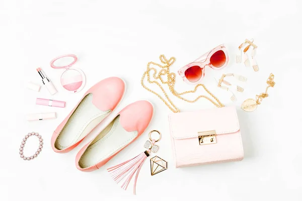 Composition Pink Shoes Sunglasses Handbag Lipsticks Blush Bijouterie Isolated White — Stock Photo, Image