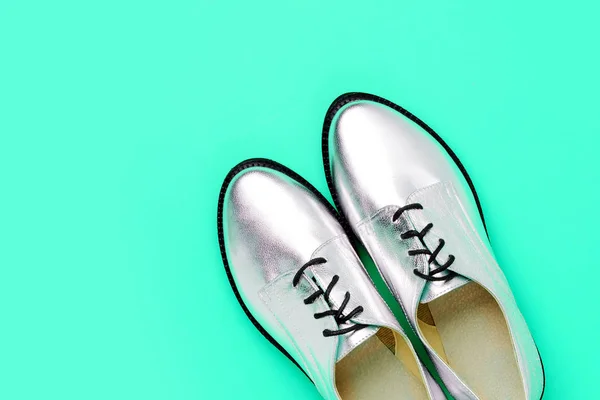 Elegante Prata Feminina Primavera Sapatos Fundo Verde — Fotografia de Stock