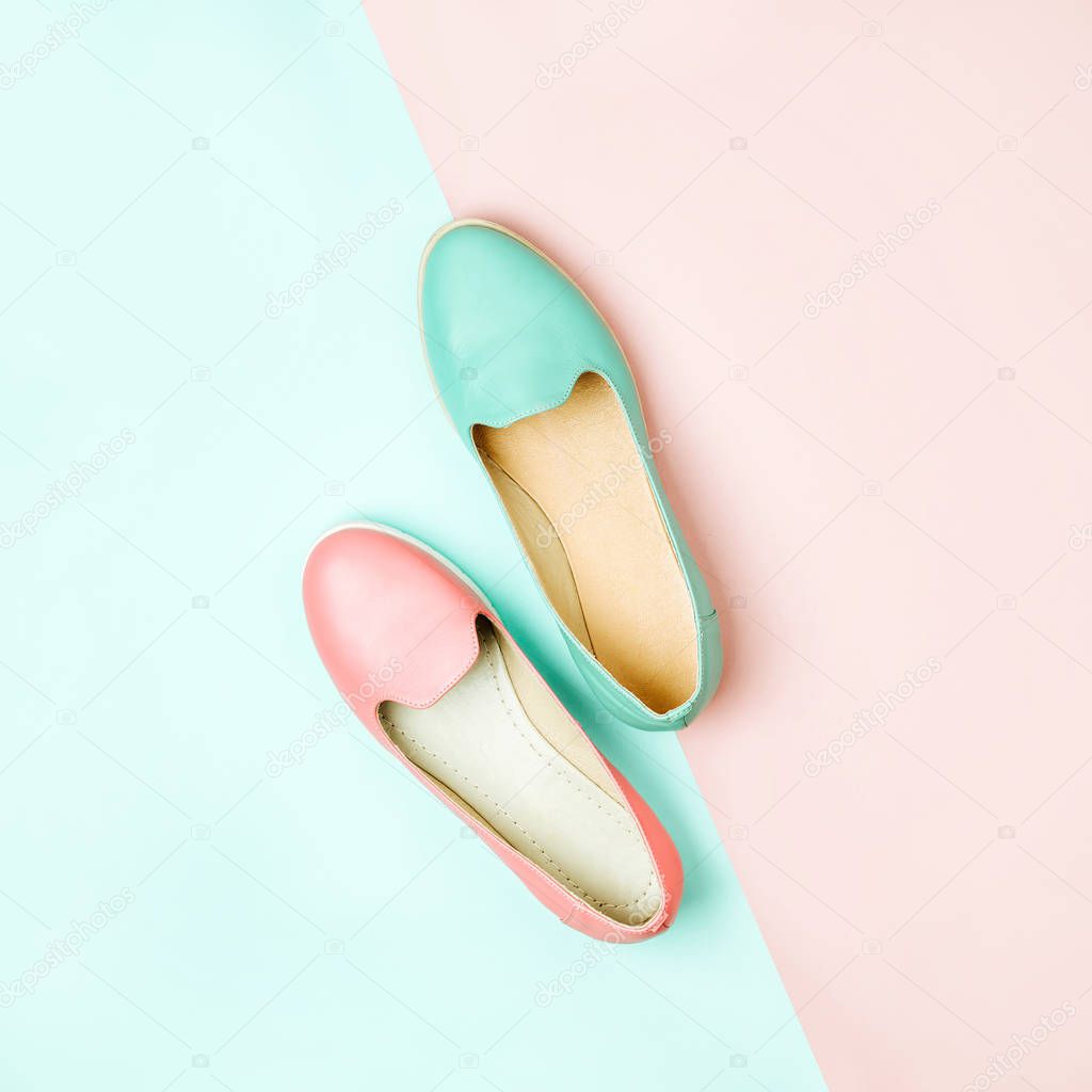 Stylish female shoes in pastel mint and pink colours