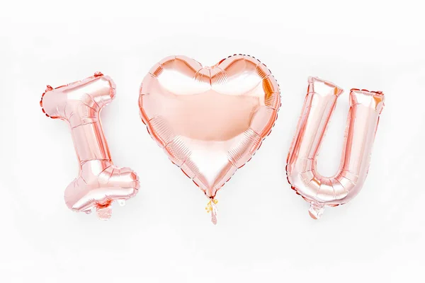 Pale Pink Foil Balloons Shape Word Love You Heart White — 스톡 사진