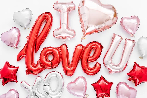 Red Pink Foil Balloons Shape Word Love You Hearts White — Stock Photo, Image