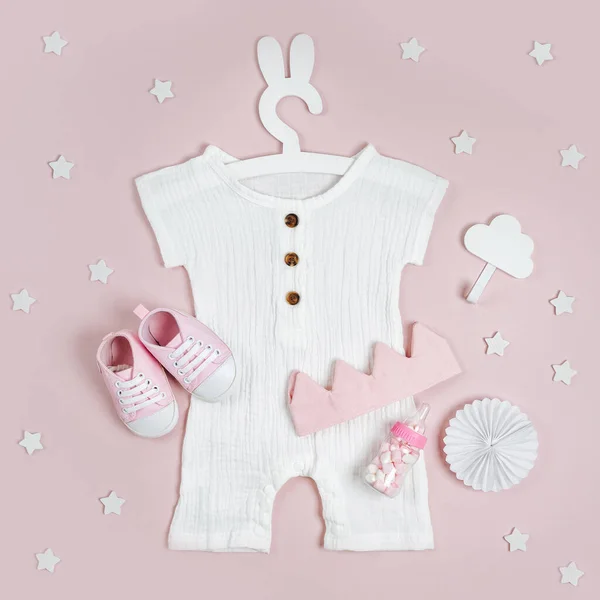 Set Baby Clothes Accessories Little Princess Pink Background White Bodysuit — Stockfoto