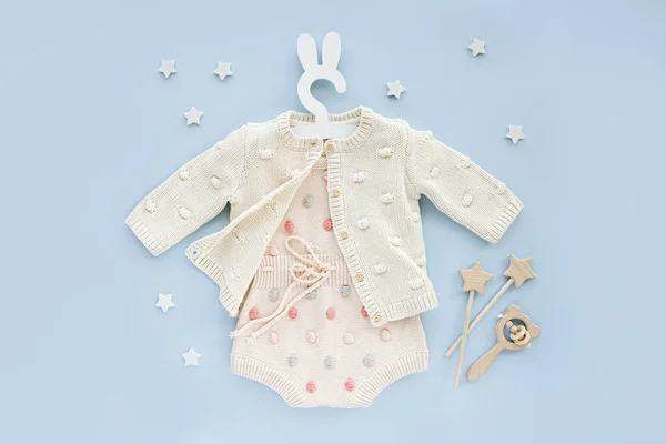 Pastel Knitted Romper Dots Jumper Cute Hanger Bunny Ears Baby — Stockfoto