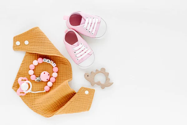 Set Baby Shoes Toys Accessories White Background Fashion Newborn Stuff — Stok fotoğraf