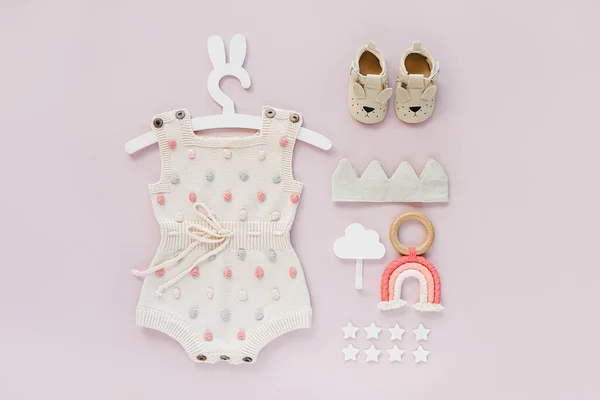 Set Baby Clothes Accessories Pink Background Knitted Romper Dots Cute — Stockfoto