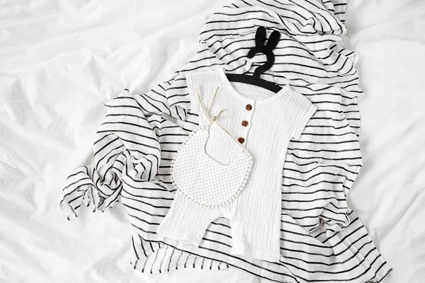 White Romper Bib Striped Blanket Set Kids Clothes Accessories Summer — 图库照片
