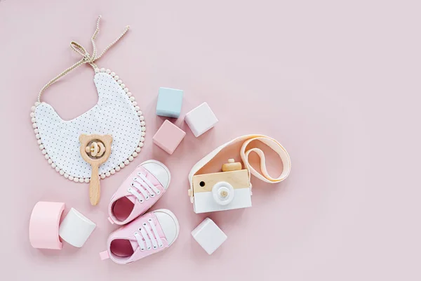 Cute Shoes Bib Wooden Toys Set Baby Stuff Accessories Girl — ストック写真