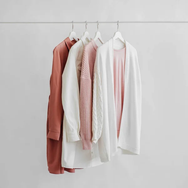 Feminine Clothes Pastel Pink Color Hanger White Background Elegant Dress — 스톡 사진