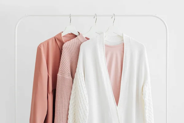 Feminine Clothes Pastel Pink Color Hanger White Background Elegant Dress — 스톡 사진