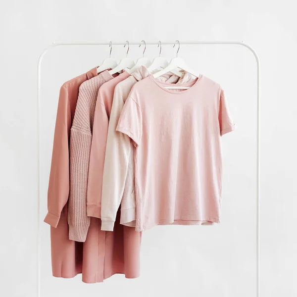 Feminine Clothes Pastel Pink Color Hanger White Background Spring Cleaning — 스톡 사진