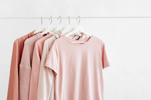 Feminine Clothes Pastel Pink Color Hanger White Background Spring Cleaning — 스톡 사진