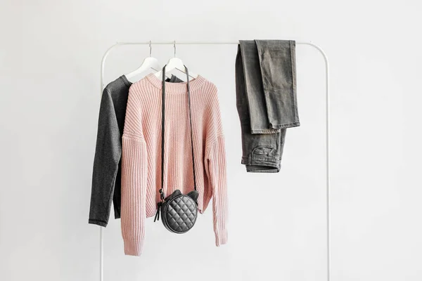 Female Clothes Pastel Pink Gray Color Hanger White Background Jumper — Stockfoto