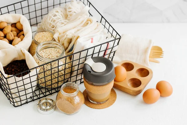 Nuts Dried Fruits Groats Eco Cotton Bags Glass Jars Black — ストック写真