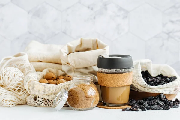 Nuts Dried Fruits Groats Eco Cotton Bags Glass Jars White — ストック写真