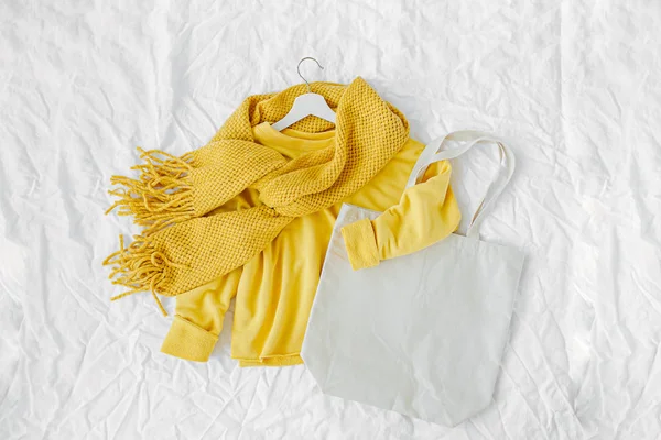 Yellow Sweater Knitted Scarf Tote Bag Autumn Fashion Clothes Collage — Stock Photo, Image