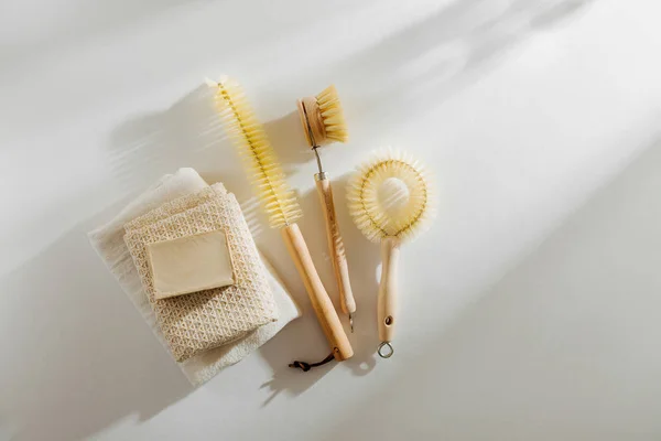 Escova Prato Natural Ferramentas Limpeza Com Sabão Zero Conceito Desperdício — Fotografia de Stock