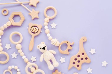 Cute wooden baby toys on light-blue background. Knitted bear,  dinosaur toy, beads and stars. Eco accessories,  beanbag and teethers for newborn. Flat lay, top view