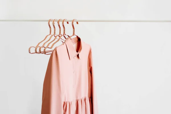 Pale Pink Dress Metallic Hangers White Background Elegant Fashion Outfit — 스톡 사진