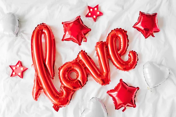 Air Balloons Shape Word Love Bed Love Concept Holiday Celebration — 스톡 사진