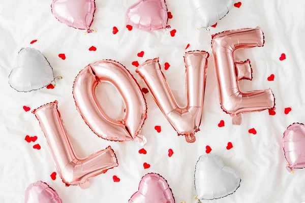 Pastel Pink Air Balloons Shape Word Love Hearts Bed Love — Stock Photo, Image