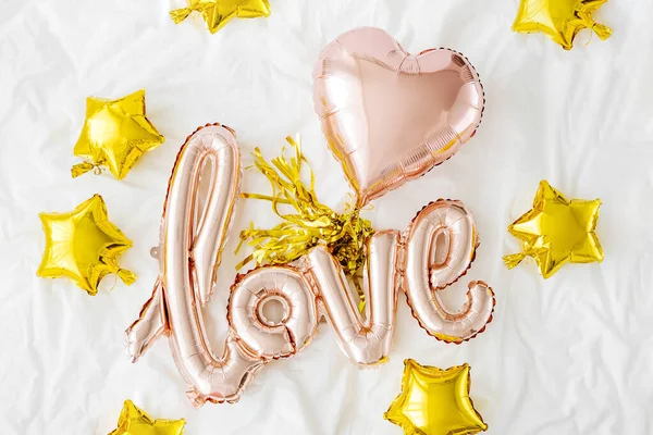 Pastel Pink Air Balloons Shape Word Love Heart Bed Love — Stock Photo, Image