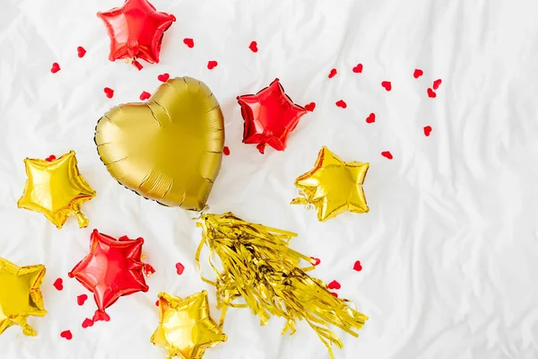 Balloon Heart Stars Shaped Confetti White Bed Love Concept Holiday — Stock Photo, Image