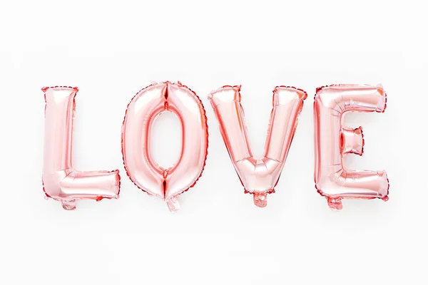 Pale Pink Foil Balloons Shape Word Love White Background Love — 스톡 사진