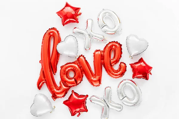 Red Foil Balloons Shape Word Love Hearts White Background Love — Stock Photo, Image
