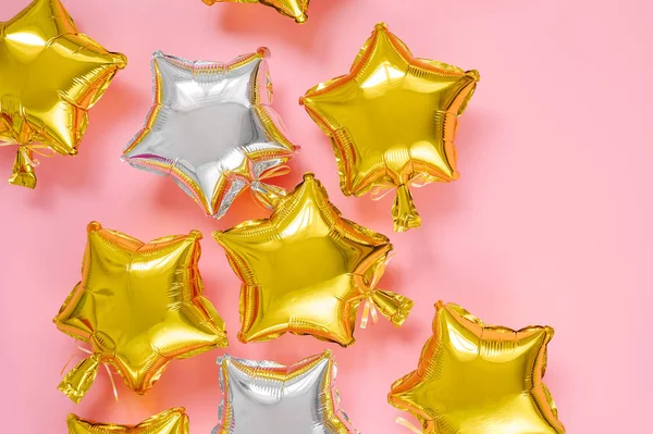 Gouden Zilveren Folie Ballonnen Van Ster Vorm Van Een Roze — Stockfoto