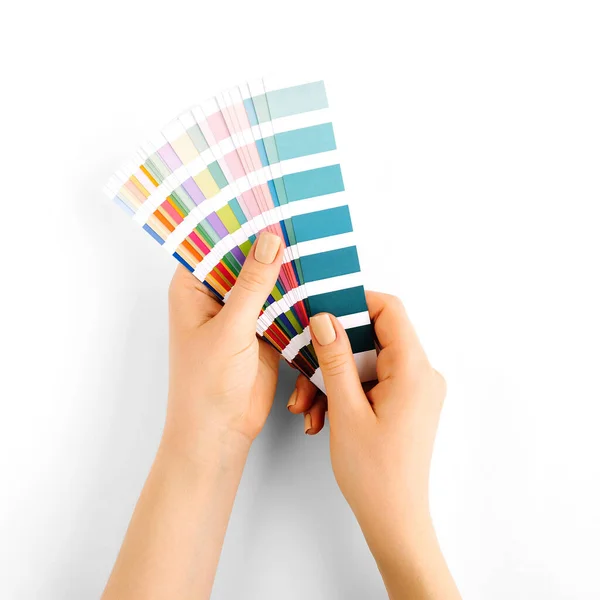 Female Hand Holding Color Swatches Color Trend Palette Flat Lay — 스톡 사진