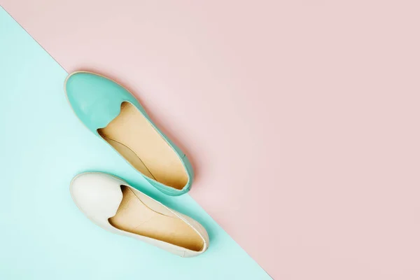 Стильная Женская Обувь Пастельных Тонах Концепция Красоты Моды Плоский Вид — стоковое фото