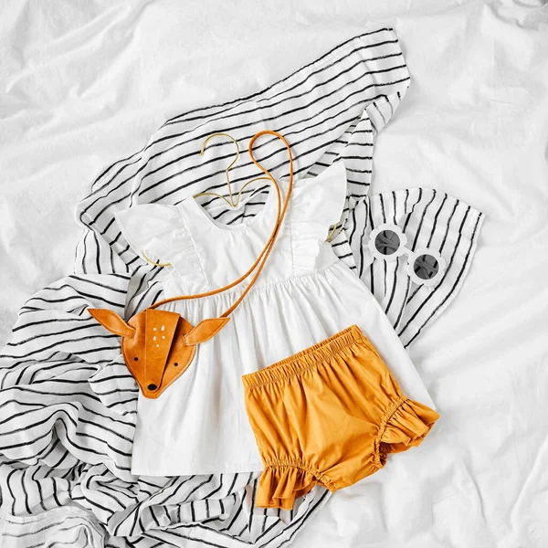 White Dress Orange Shorts Kids Handbag Sunglasses Set Baby Clothes — 图库照片