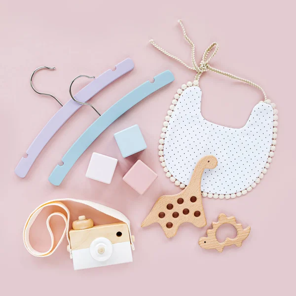 Colorful Baby Hangers Bib Wooden Toys Teether Set Baby Stuff — 스톡 사진