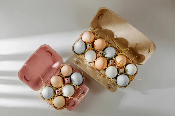 Φυσικά Χρωματισμένα Καφέ Και Λευκό Αυγά Στο Αυγό Κουτί Ηλιόλουστα — Φωτογραφία Αρχείου