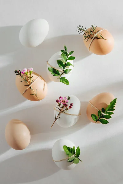 Telur Berwarna Alam Dihiasi Dengan Bunga Pagi Hari Cahaya Matahari Stok Foto Bebas Royalti