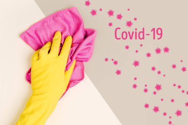 Temizlik ve Dezenfekte Virüsü, Coperid-19, Coronavirus Hastalığı, Önleyici Tedbirler. Temizlik ve temizlik. Virüs spreyle öldürülüyor, dezenfektan solüsyonu. Covid-19 'u durdur.