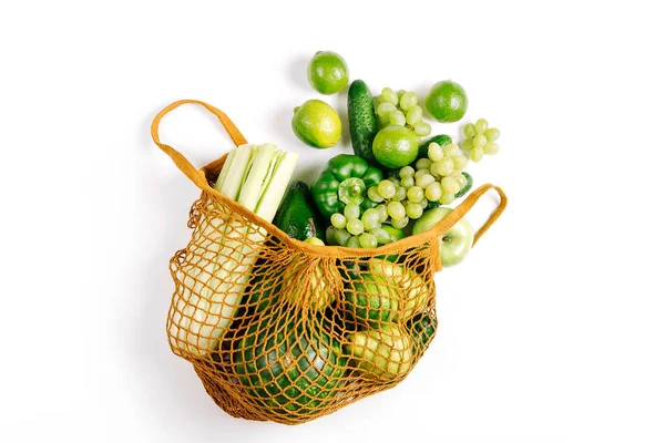 Surtido Verduras Verdes Orgánicas Frescas Crudas Bolsa Algodón Ecológico Piso — Foto de Stock