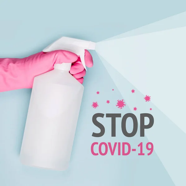 Spray to Cleaning and Disinfection Virus, Covid-19, Coronavirus Disease, Preventive Measures.  Sanitation and cleaner washing. Virus being killed by spray, disinfectant solution. Stop Covid-19.