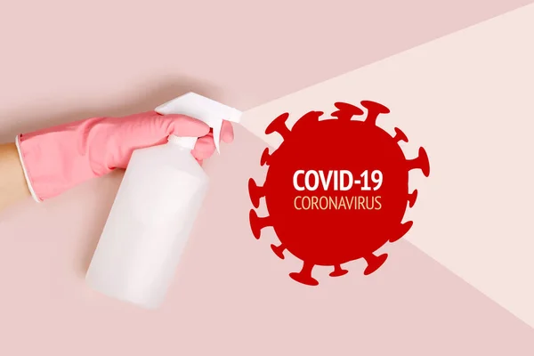 Spray to Cleaning and Disinfection Virus, Covid-19, Coronavirus Disease, Preventive Measures.  Sanitation and cleaner washing. Virus being killed by spray, disinfectant solution. Stop Covid-19.