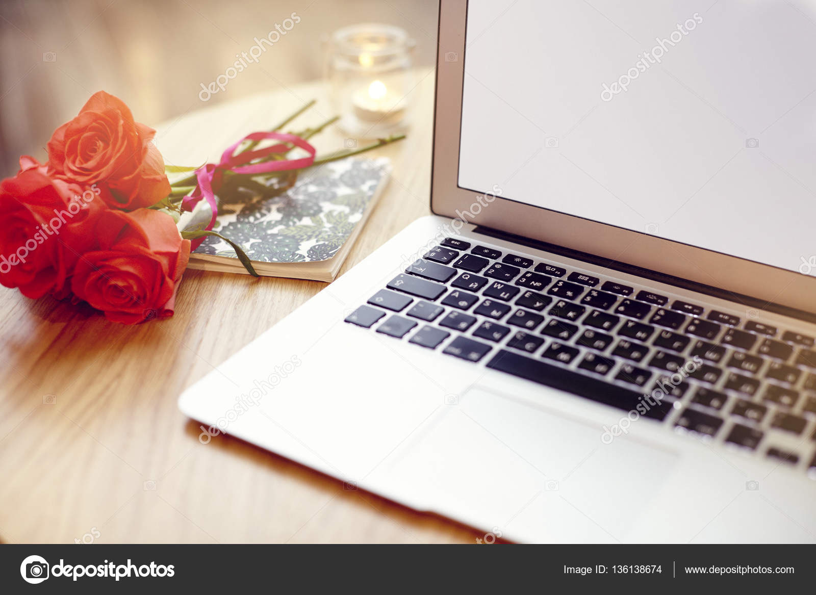 Open Laptop Computer With Blank Space For Layout On A Wooden Table In Cafe Bar St Valentines Flowers Note Book During Coffee Break Stock Photo Image By C Pogorelova