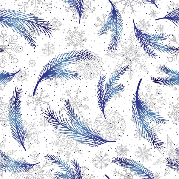 Ramas de abeto dibujado a mano y copos de nieve patrón sin costuras. Ilustración de Navidad de invierno. Año Nuevo vector de fondo . — Archivo Imágenes Vectoriales