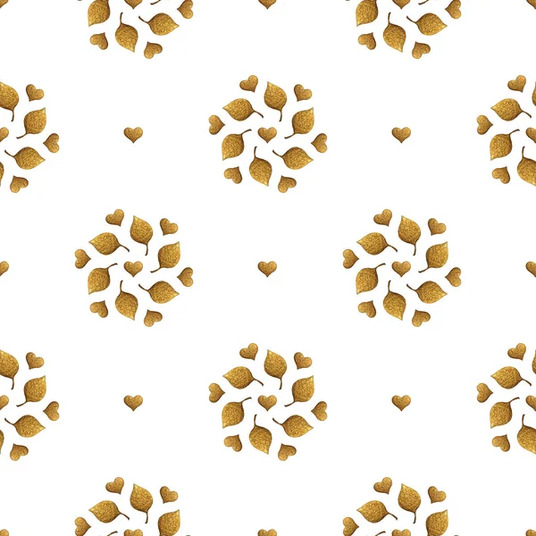 Leaves pattern. Gold hand painted seamless background. Abstract leaf golden illustration.