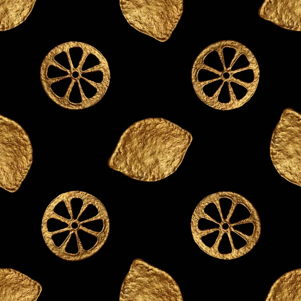 추상 레몬 패턴입니다. 골드 손으로 그린 원활한 배경. 감귤 류의 과일 황금 그림. — 스톡 사진