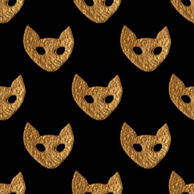 Soyut kedi yüz deseni. Altın el sorunsuz arka plan boyalı.