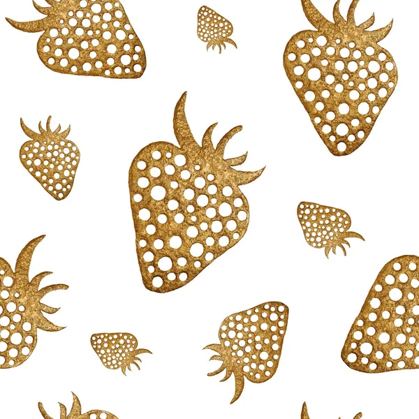 Goud aardbei naadloze patroon. Berry handgeschilderde abstracte aard achtergrond. — Stockfoto