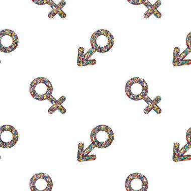 Vektör soyut erkek ve dişi cinsiyet desen imzalar. Cinsel kimlik sembolleri sorunsuz doku el çekilmiş.