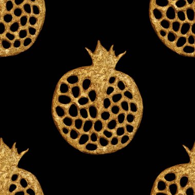 Altın soyut nar desen. El paintied sorunsuz arka plan. Yaz meyve illüstrasyon.