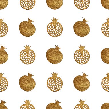 Altın soyut nar desen. El paintied sorunsuz arka plan. Yaz meyve illüstrasyon.