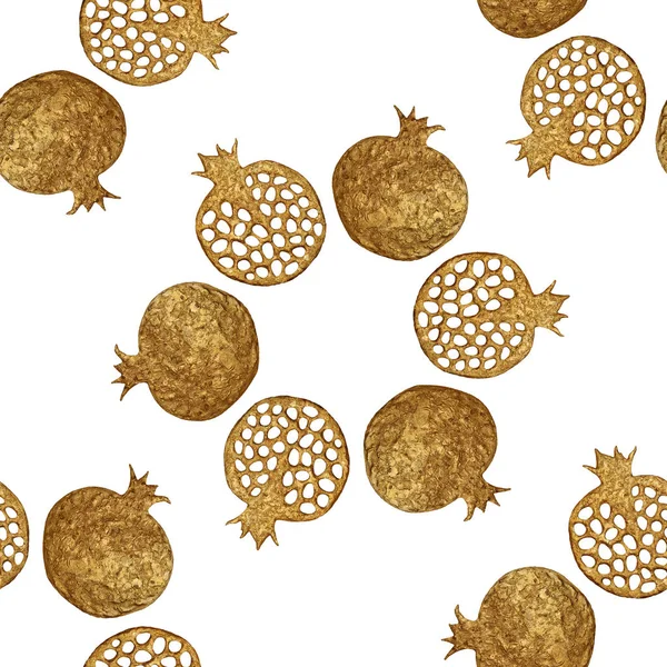 Gouden abstracte granaatappel patroon. Hand paintied naadloze achtergrond. Zomer fruit illustratie. — Stockfoto