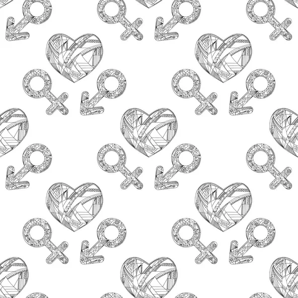 Vector abstracto masculino y femenino signos de género y patrón de corazones. Símbolos de identidad sexual dibujados a mano textura perfecta . — Archivo Imágenes Vectoriales